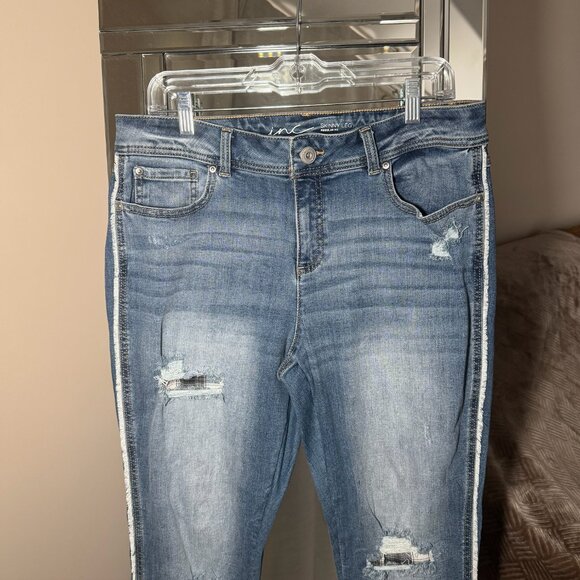 INC Skinny Leg Regular Fit Jeans Size 12 Plaid Patch Frayed Hem Holes Pockets - Picture 4 of 9
